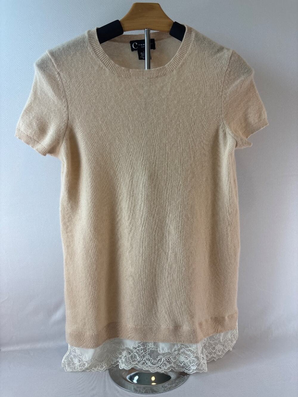 C by Bloomingdale's Cashmere Lace Hem Blush Pink Short Sleeve Sweater S